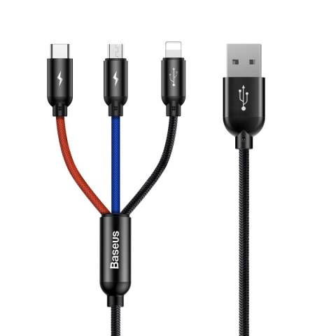 3w1 Kabel przewód USB-A - micro USB / iPhone Lightning / USB-C 3.5A 0.3m - czarny